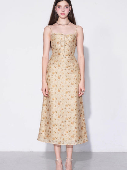 AFTADAWN Yellow Textured Jacquard Cinched Waist Aline Women&