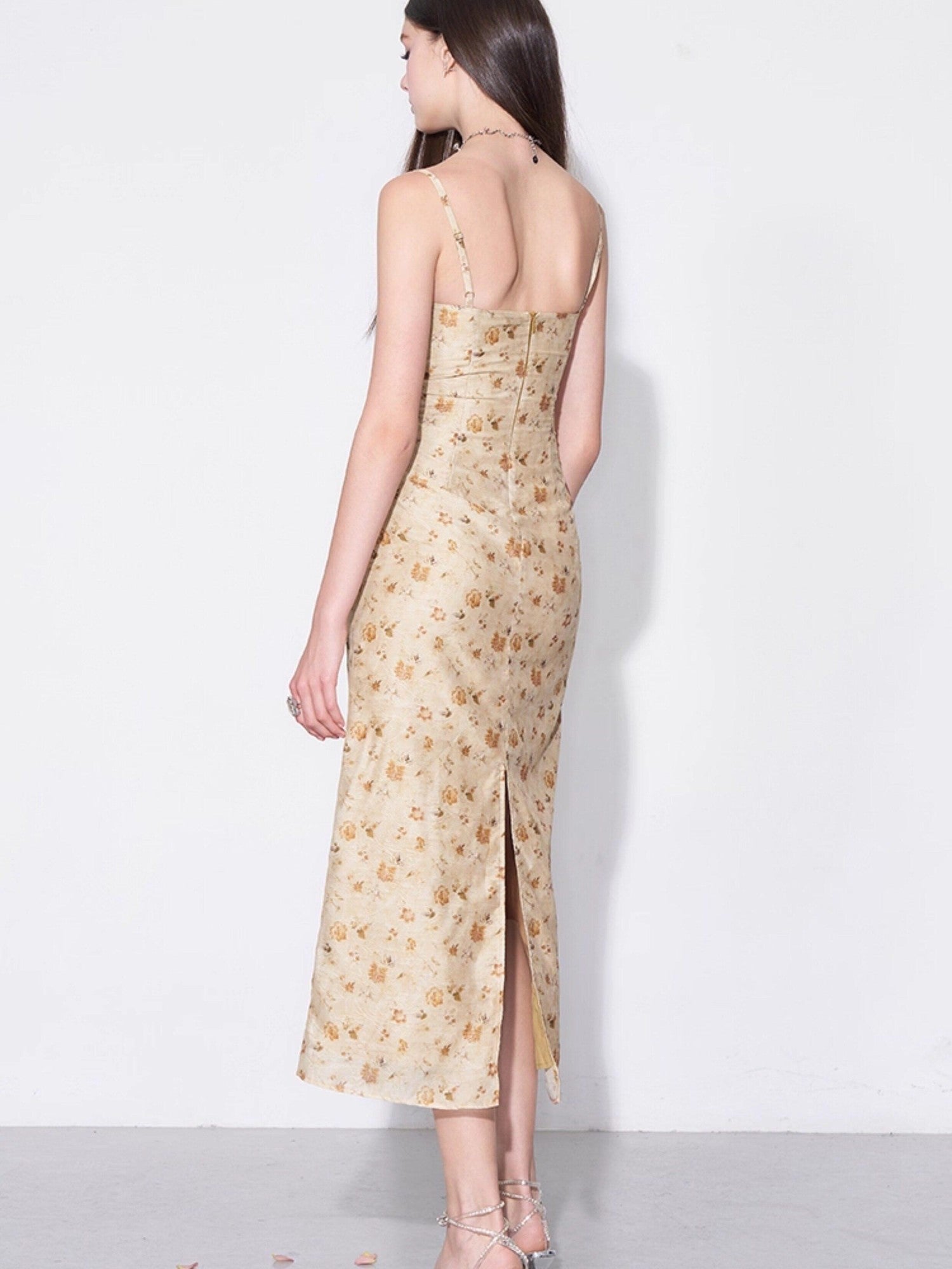 AFTADAWN Yellow Textured Jacquard Cinched Waist Aline Women&