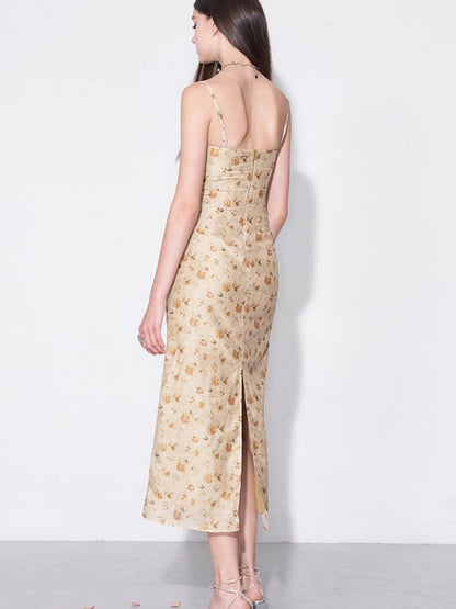 AFTADAWN Yellow Textured Jacquard Cinched Waist Aline Women&