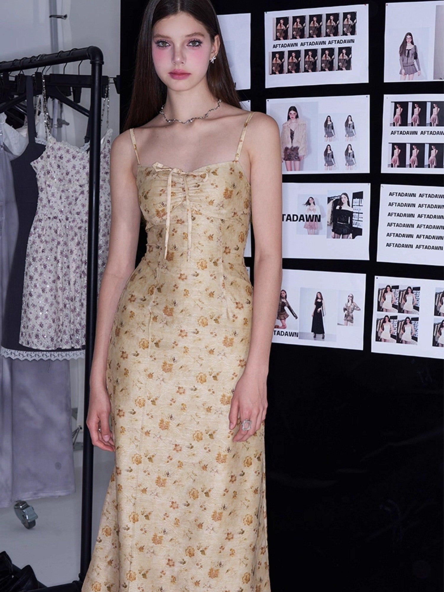 AFTADAWN Yellow Textured Jacquard Cinched Waist Aline Women&