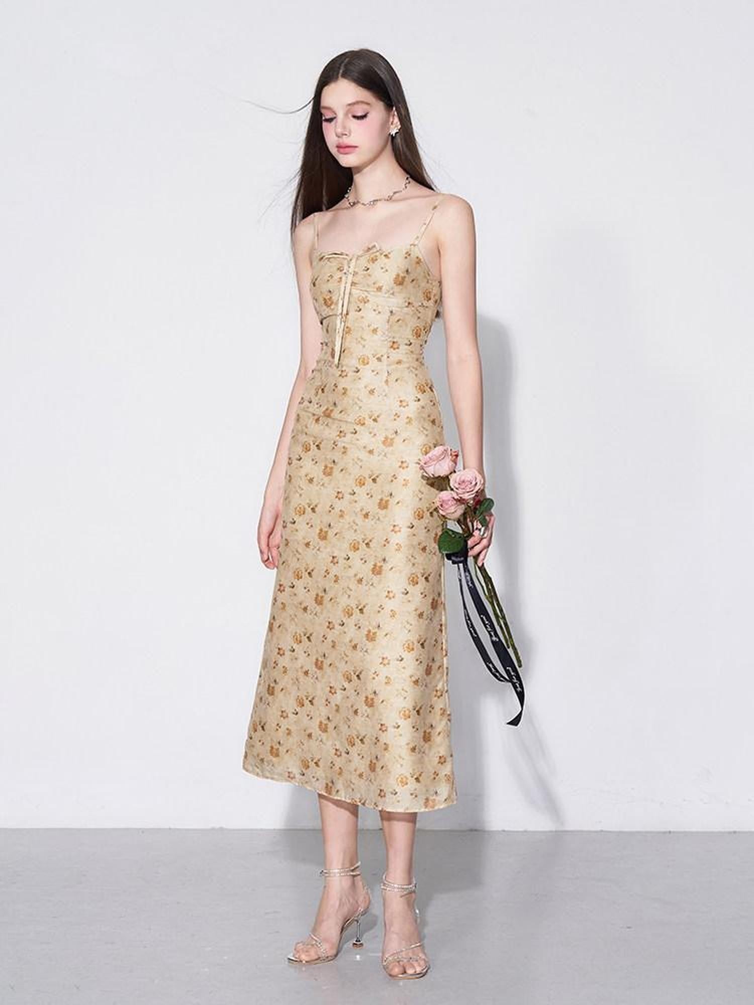 AFTADAWN Yellow Textured Jacquard Cinched Waist Aline Women&