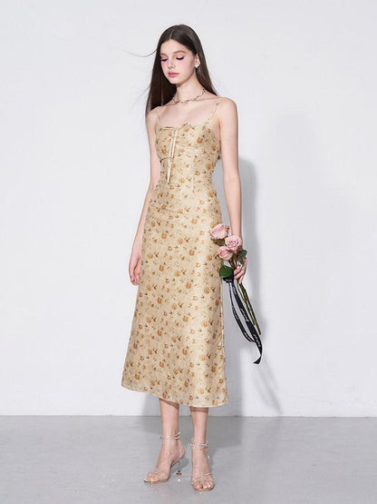 AFTADAWN Yellow Textured Jacquard Cinched Waist Aline Women&