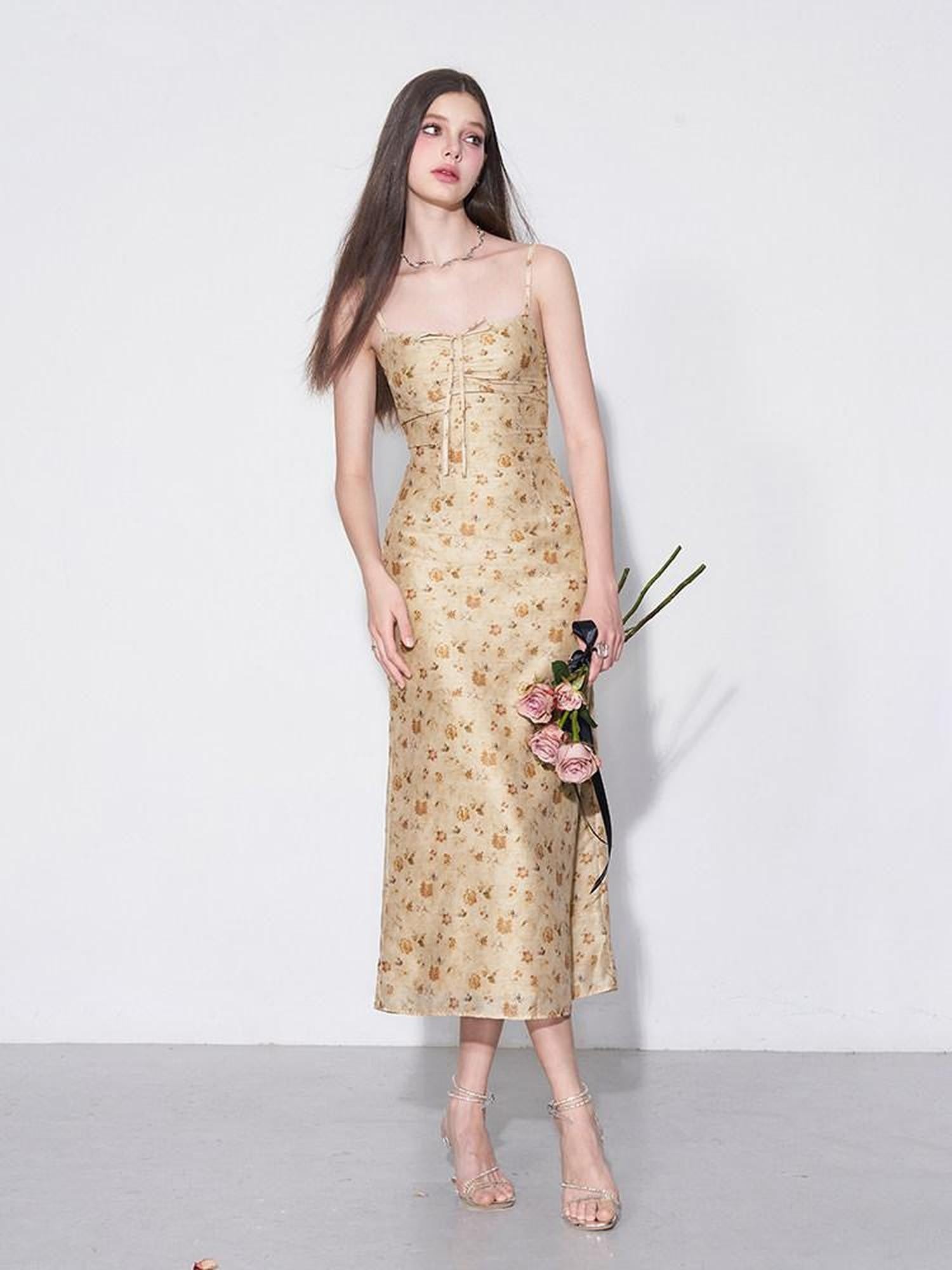 AFTADAWN Yellow Textured Jacquard Cinched Waist Aline Women&