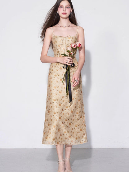 AFTADAWN Yellow Textured Jacquard Cinched Waist Aline Women&