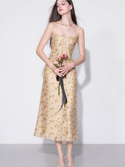 AFTADAWN Yellow Textured Jacquard Cinched Waist Aline Women&