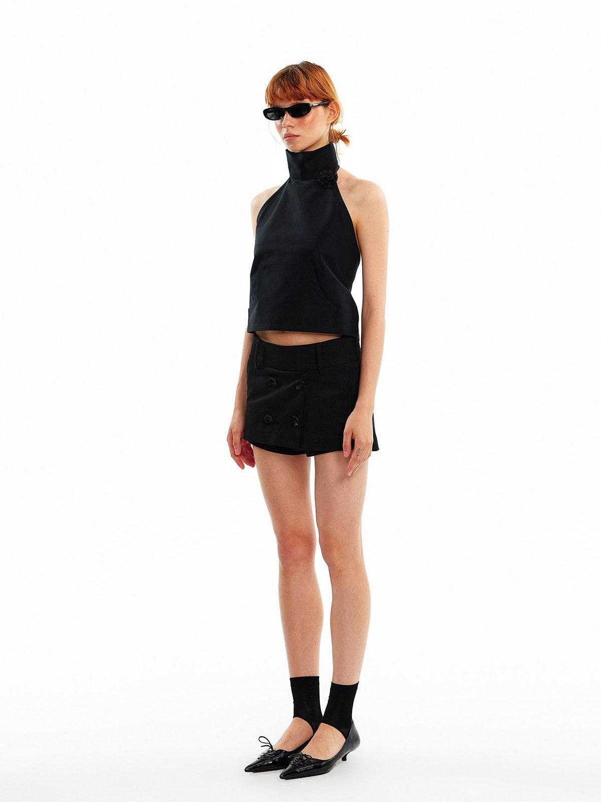 ALINNV 3d Floral Cropped Backless Tie High Neck Women&