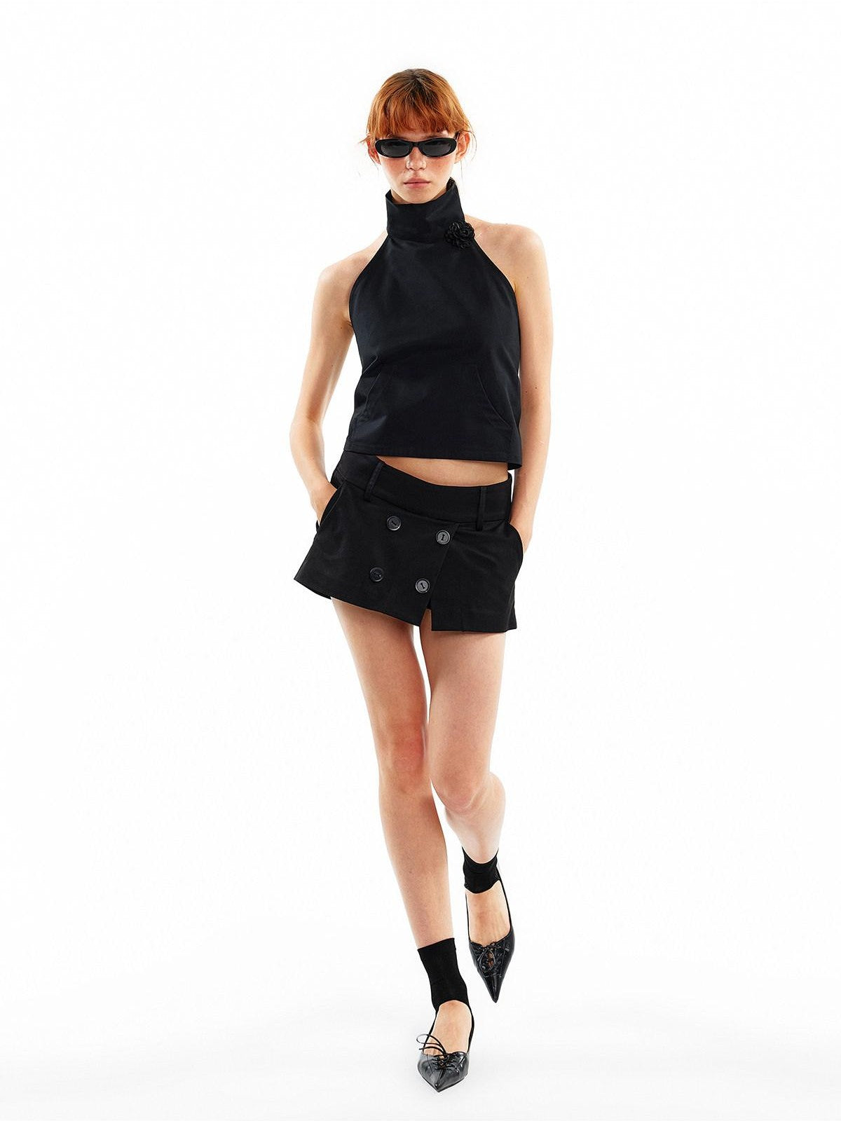 ALINNV 3d Floral Cropped Backless Tie High Neck Women&