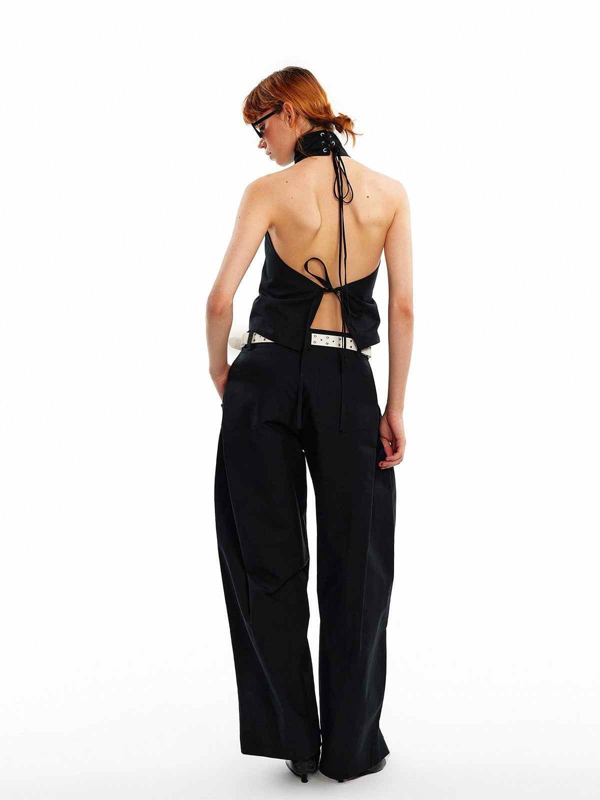 ALINNV 3d Floral Cropped Backless Tie High Neck Women&