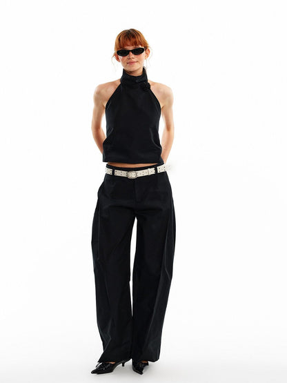 ALINNV 3d Floral Cropped Backless Tie High Neck Women&