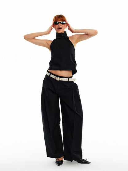 ALINNV 3d Floral Cropped Backless Tie High Neck Women&