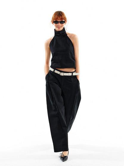 ALINNV 3d Floral Cropped Backless Tie High Neck Women&