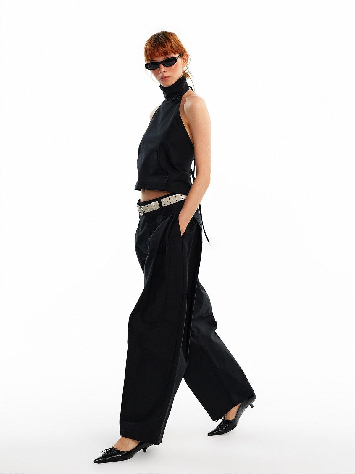 ALINNV 3d Floral Cropped Backless Tie High Neck Women&