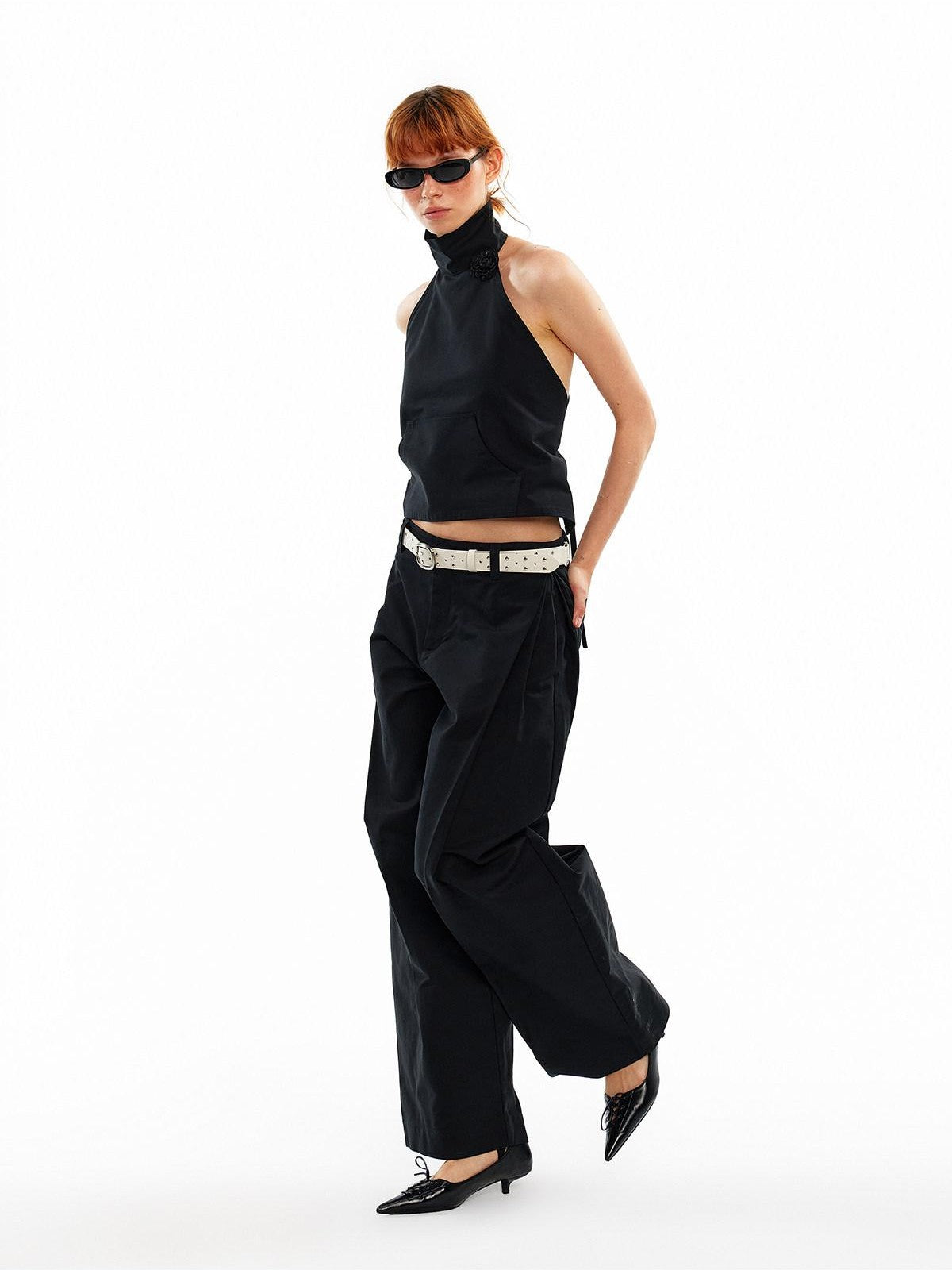ALINNV 3d Floral Cropped Backless Tie High Neck Women&