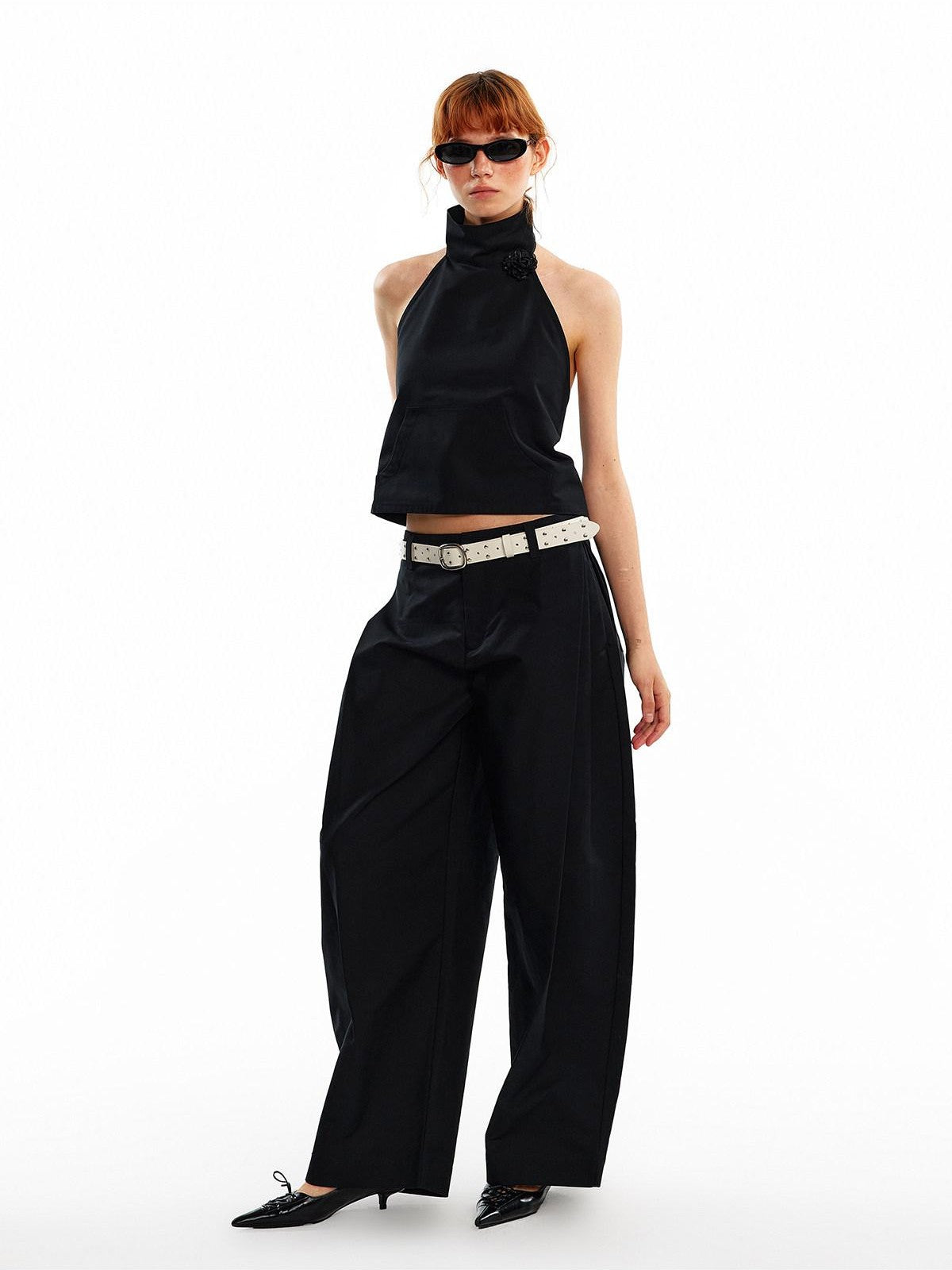 ALINNV 3d Floral Cropped Backless Tie High Neck Women&