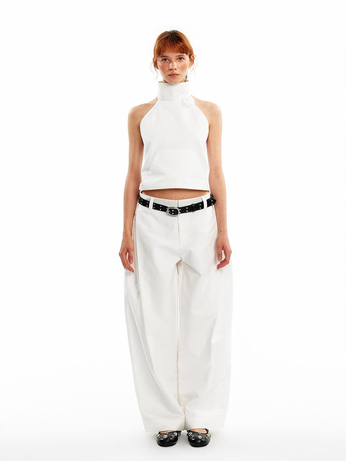 ALINNV 3d Floral Cropped Backless Tie High Neck Women&