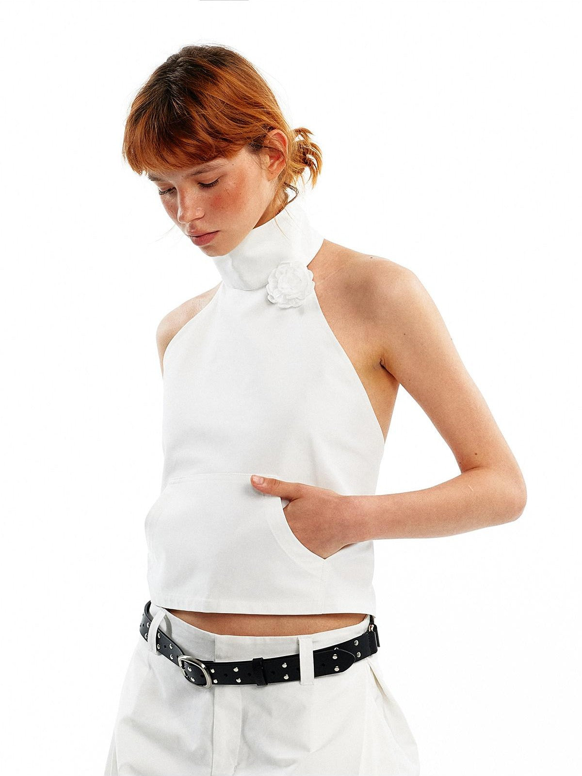 ALINNV 3d Floral Cropped Backless Tie High Neck Women&