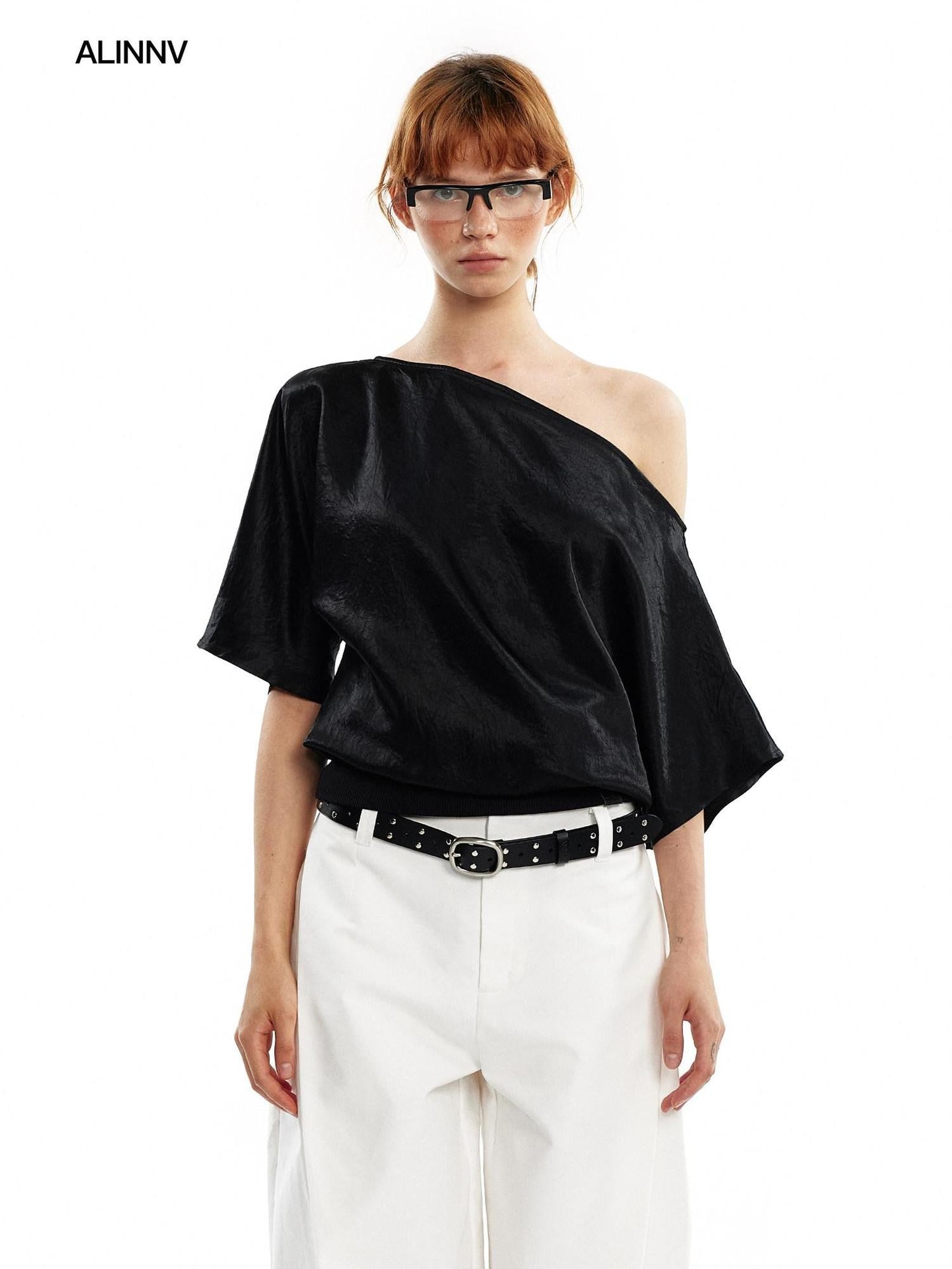 ALINNV Asymmetric Slanted Neck Batwing Women&