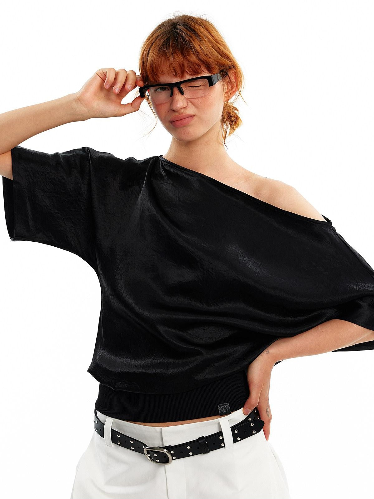 ALINNV Asymmetric Slanted Neck Batwing Women&