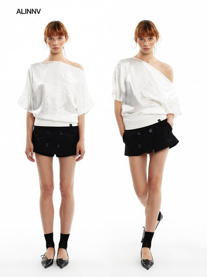 ALINNV Asymmetric Slanted Neck Batwing Women&