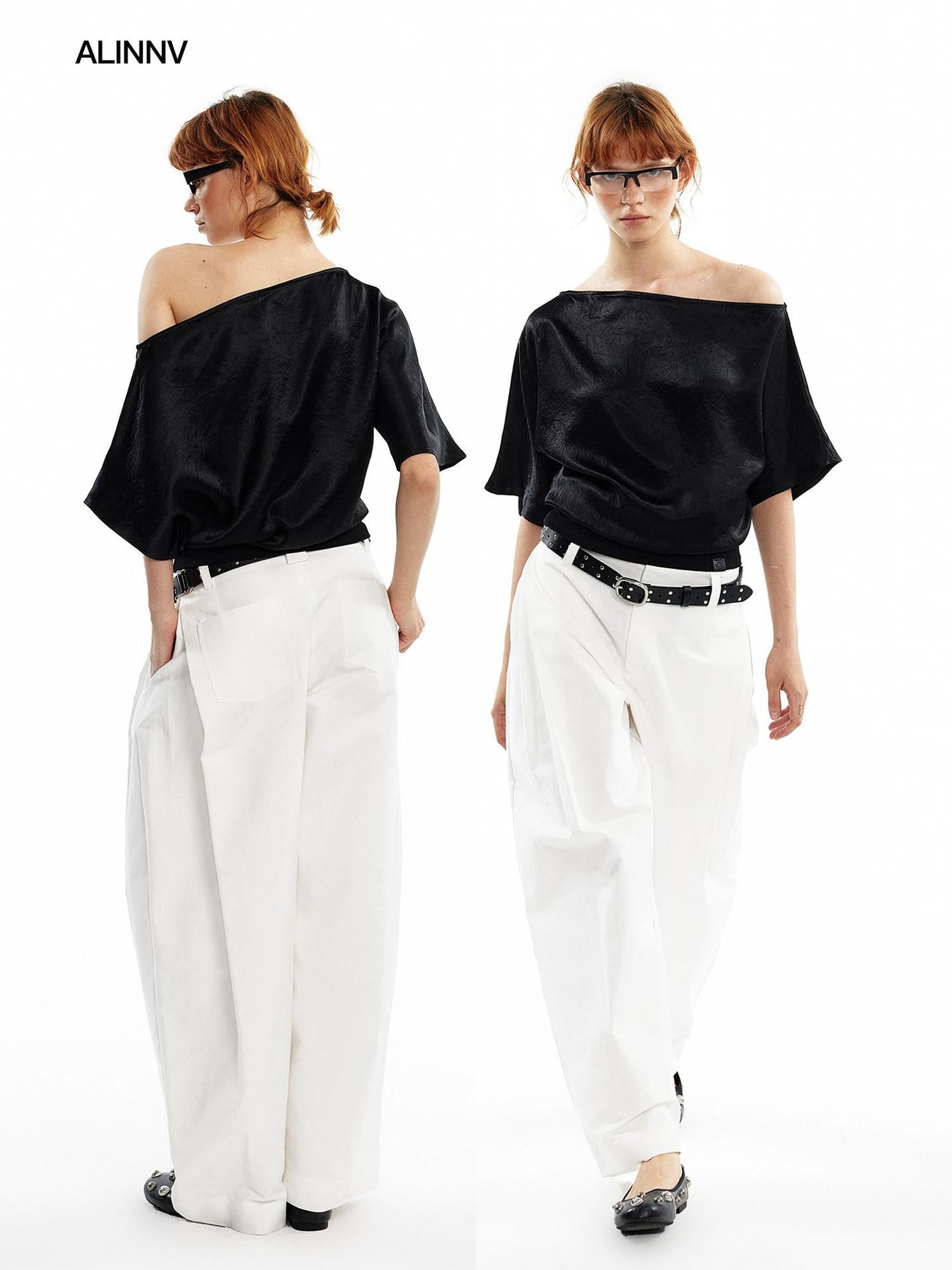 ALINNV Asymmetric Slanted Neck Batwing Women&