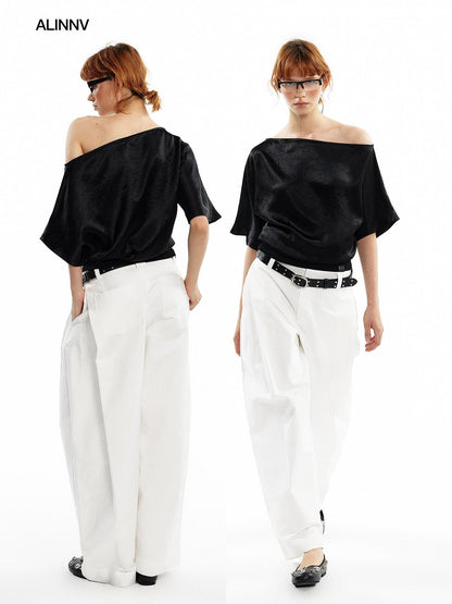 ALINNV Asymmetric Slanted Neck Batwing Women&