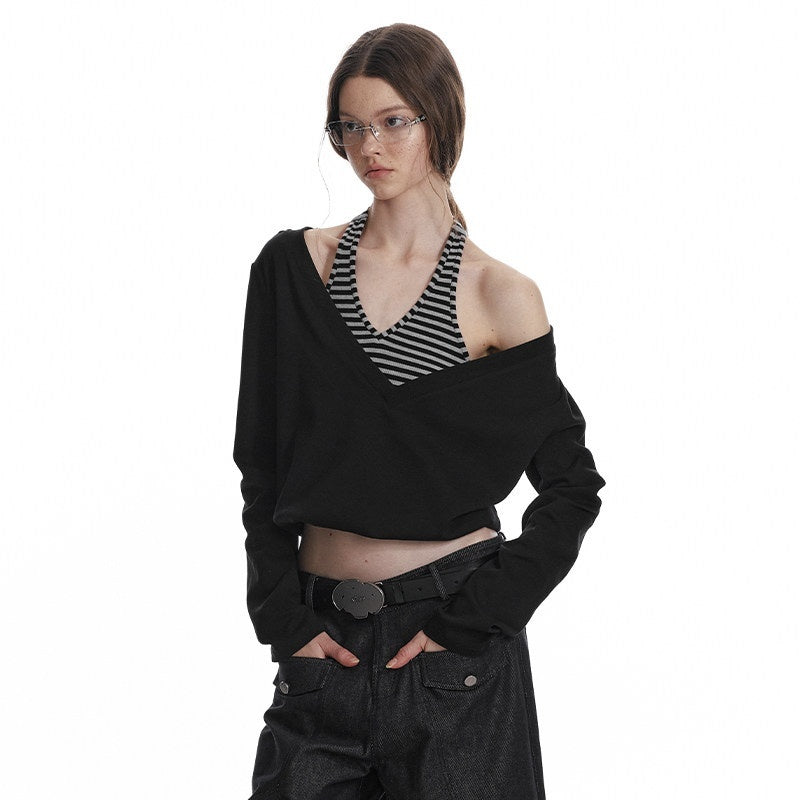 ALINNV_Black_Faux_Two_Piece_Halter_Neck_Cropped_Loose_Women&
