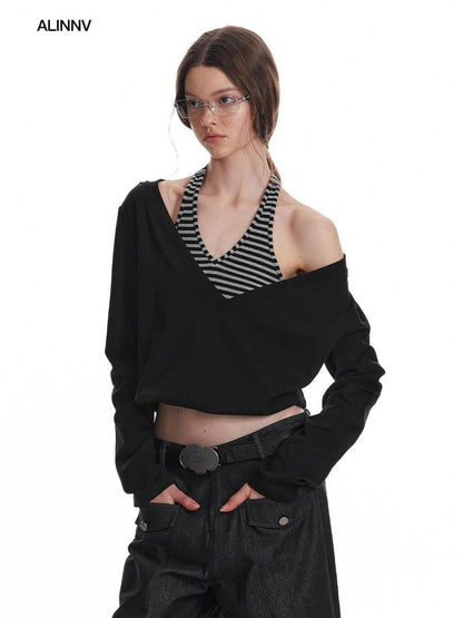 ALINNV Black Faux Two Piece Halter Neck Cropped Loose Women&