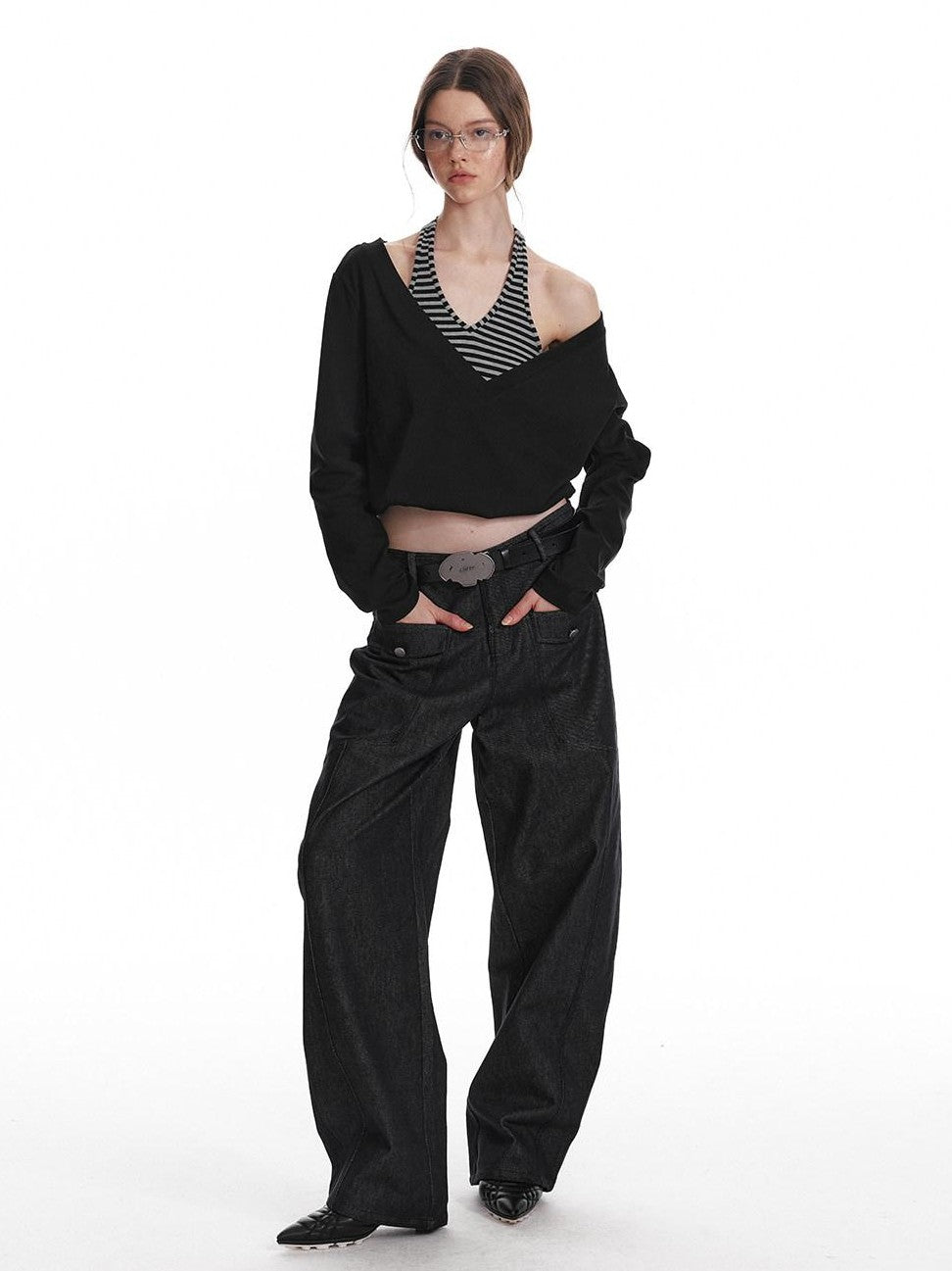 ALINNV Black Faux Two Piece Halter Neck Cropped Loose Women&