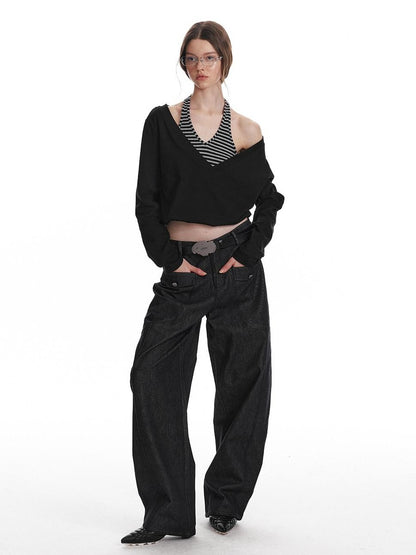 ALINNV Black Faux Two Piece Halter Neck Cropped Loose Women&