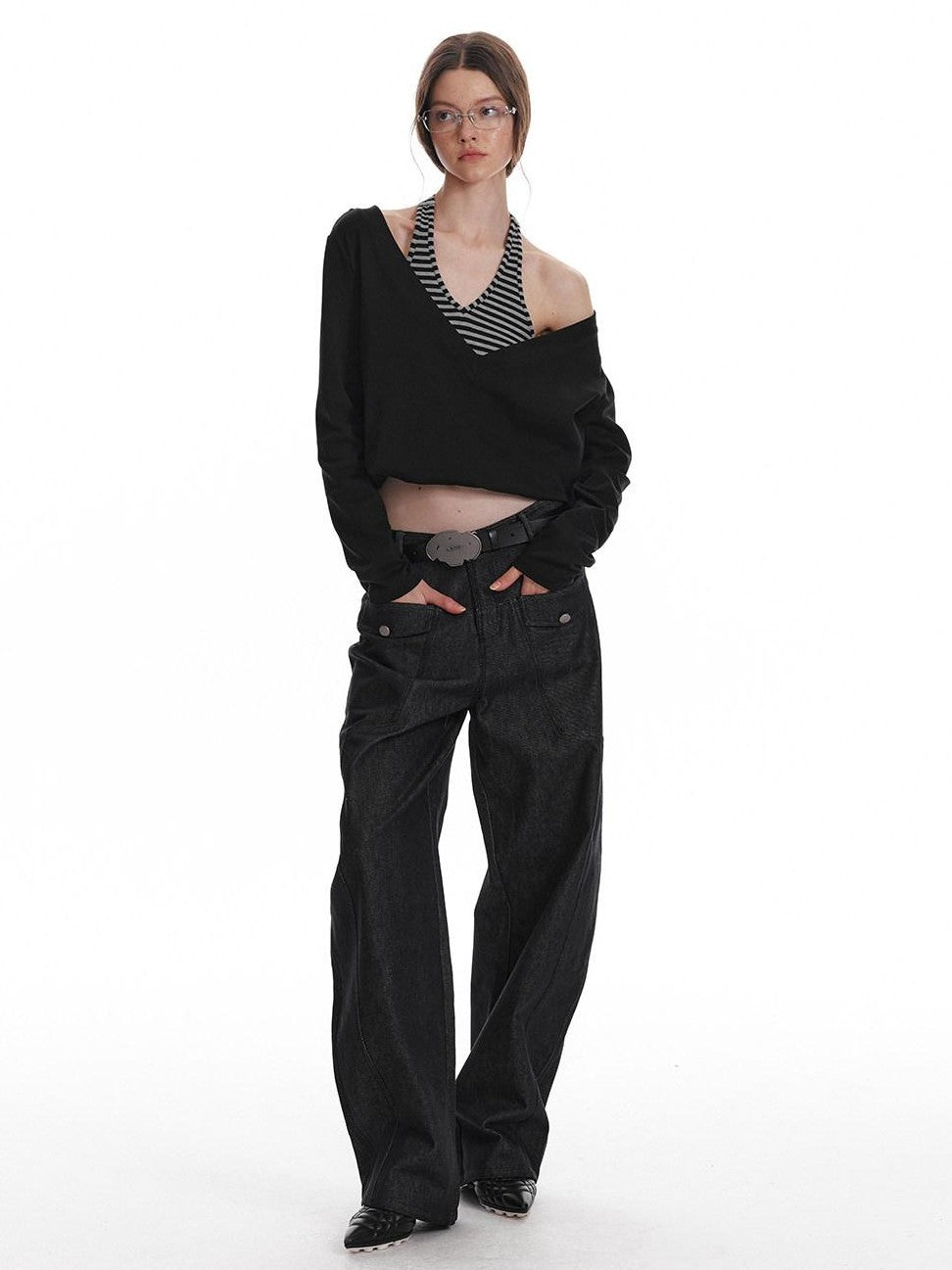 ALINNV Black Faux Two Piece Halter Neck Cropped Loose Women&