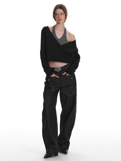 ALINNV Black Faux Two Piece Halter Neck Cropped Loose Women&