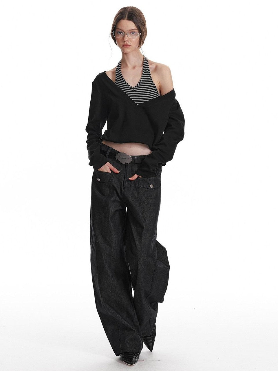 ALINNV Black Faux Two Piece Halter Neck Cropped Loose Women&