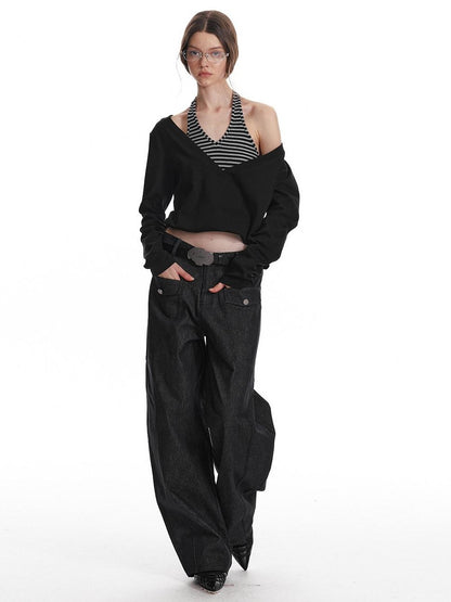 ALINNV Black Faux Two Piece Halter Neck Cropped Loose Women&