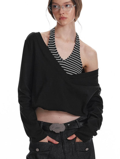 ALINNV Black Faux Two Piece Halter Neck Cropped Loose Women&