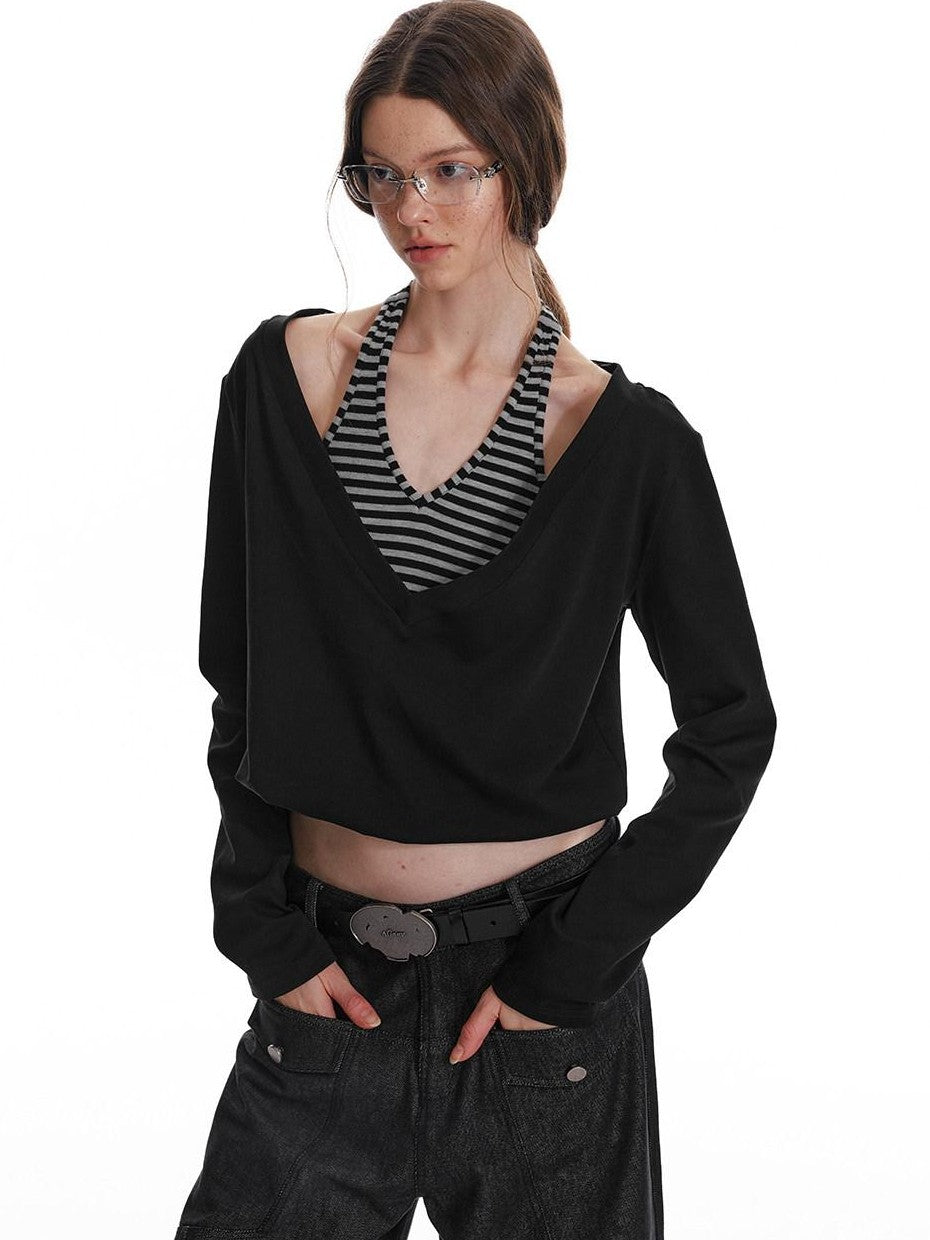ALINNV Black Faux Two Piece Halter Neck Cropped Loose Women&