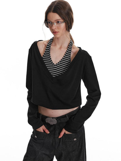 ALINNV Black Faux Two Piece Halter Neck Cropped Loose Women&