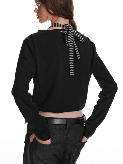 ALINNV Black Faux Two Piece Halter Neck Cropped Loose Women&