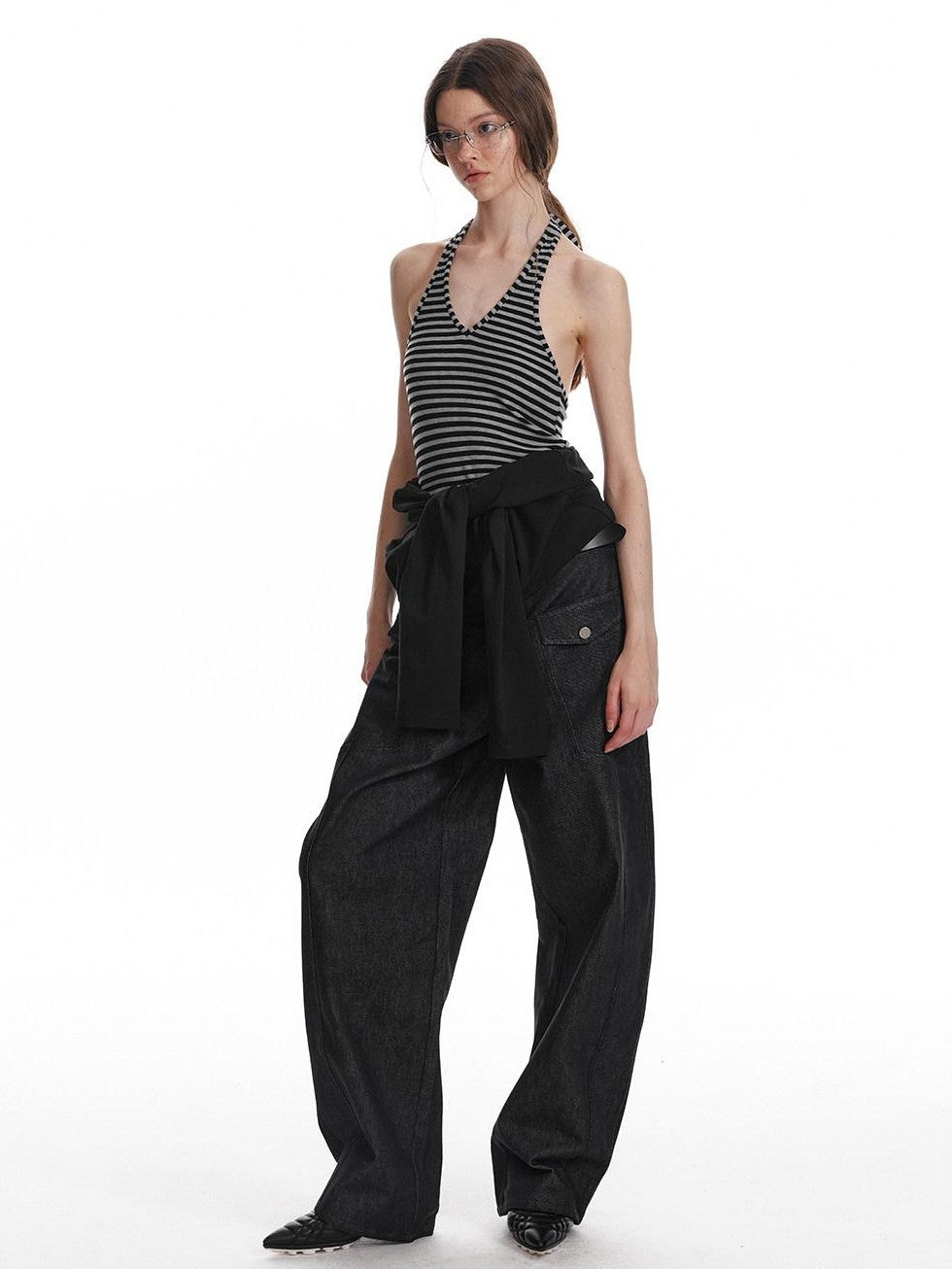 ALINNV Black Faux Two Piece Halter Neck Cropped Loose Women&