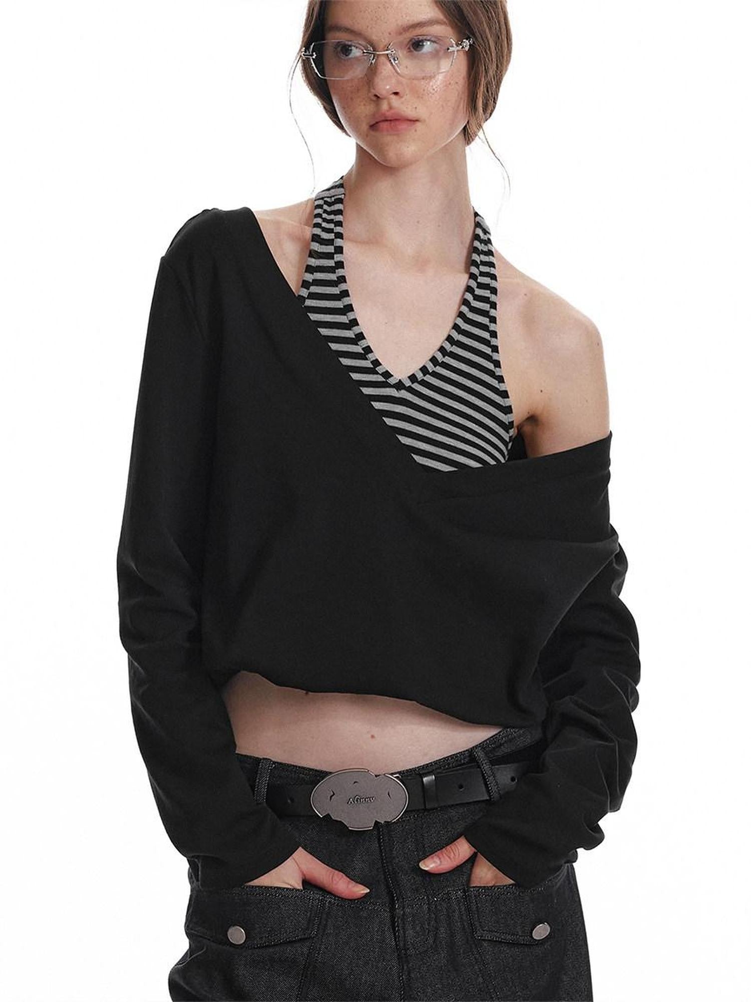 ALINNV Black Faux Two Piece Halter Neck Cropped Loose Women&