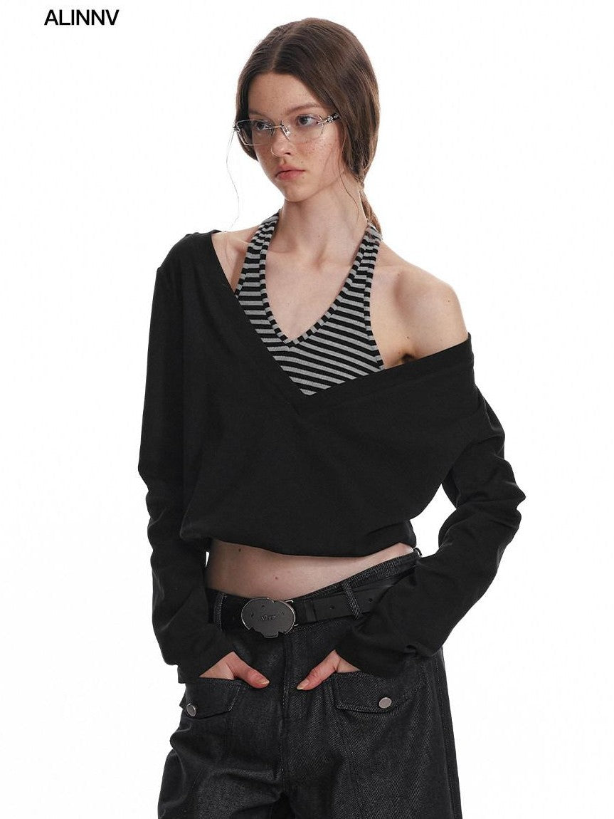 ALINNV Black Faux Two Piece Halter Neck Cropped Loose Women&