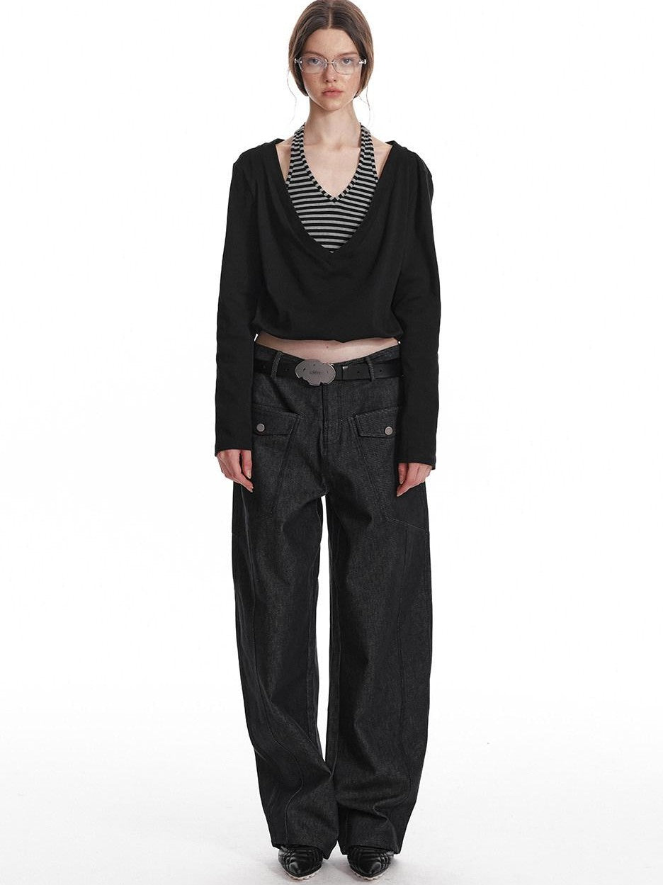 ALINNV Black Faux Two Piece Halter Neck Cropped Loose Women&