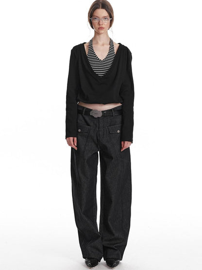 ALINNV Black Faux Two Piece Halter Neck Cropped Loose Women&
