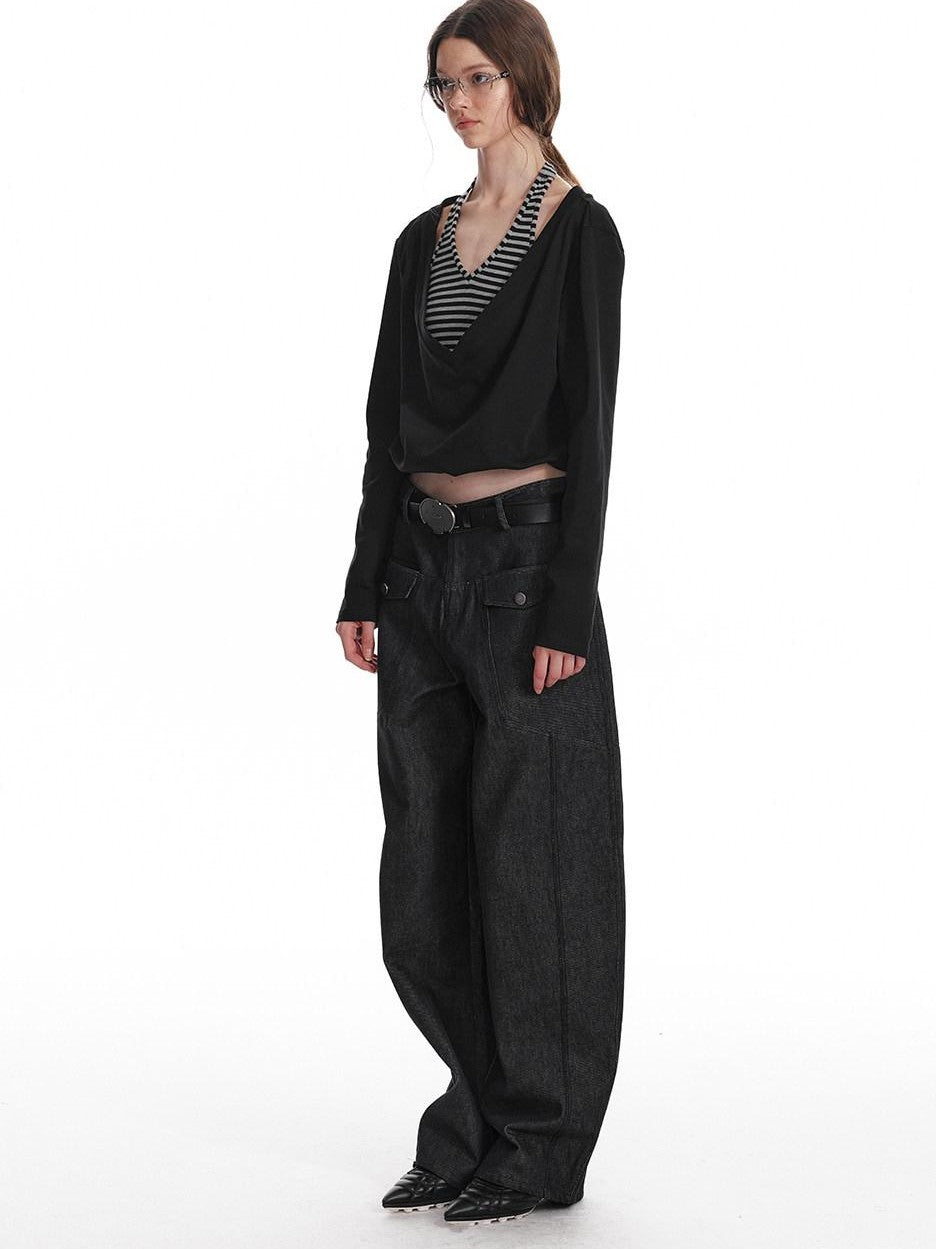 ALINNV Black Faux Two Piece Halter Neck Cropped Loose Women&