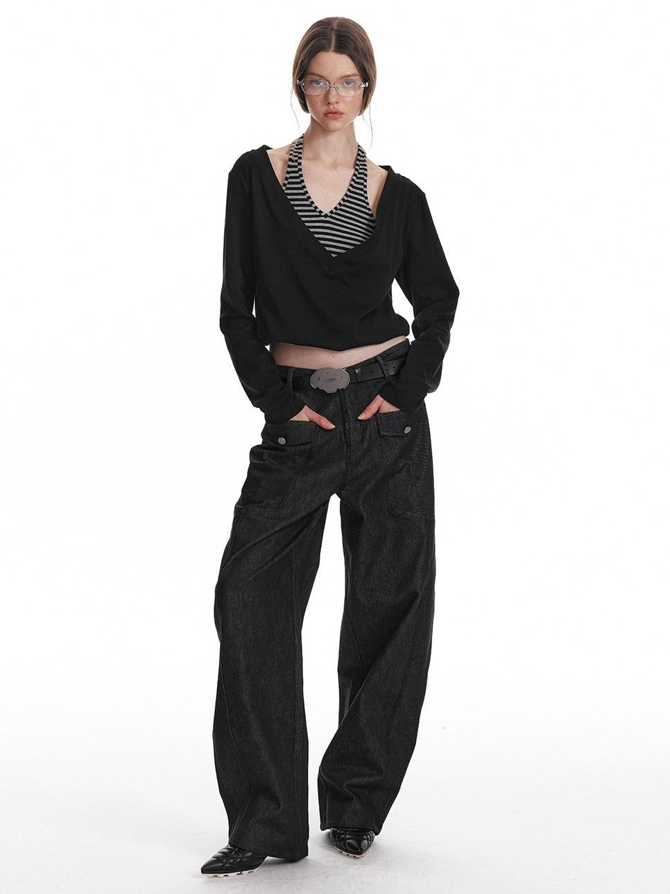 ALINNV Black Faux Two Piece Halter Neck Cropped Loose Women&