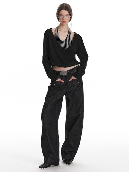 ALINNV Black Faux Two Piece Halter Neck Cropped Loose Women&