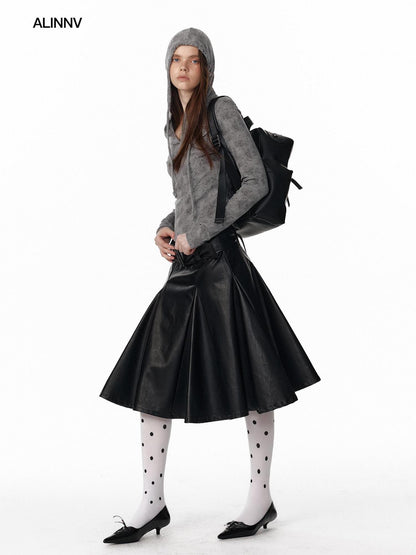 ALINNV Black Flared Low Waist Loose Aline Silhouette Belted Women&