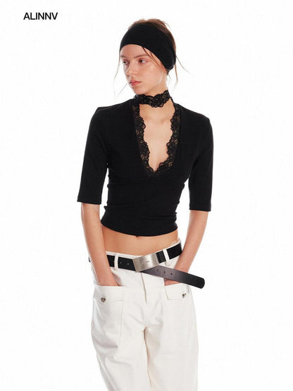 ALINNV Black Lace Splice Deep V Elbow Sleeve Women&