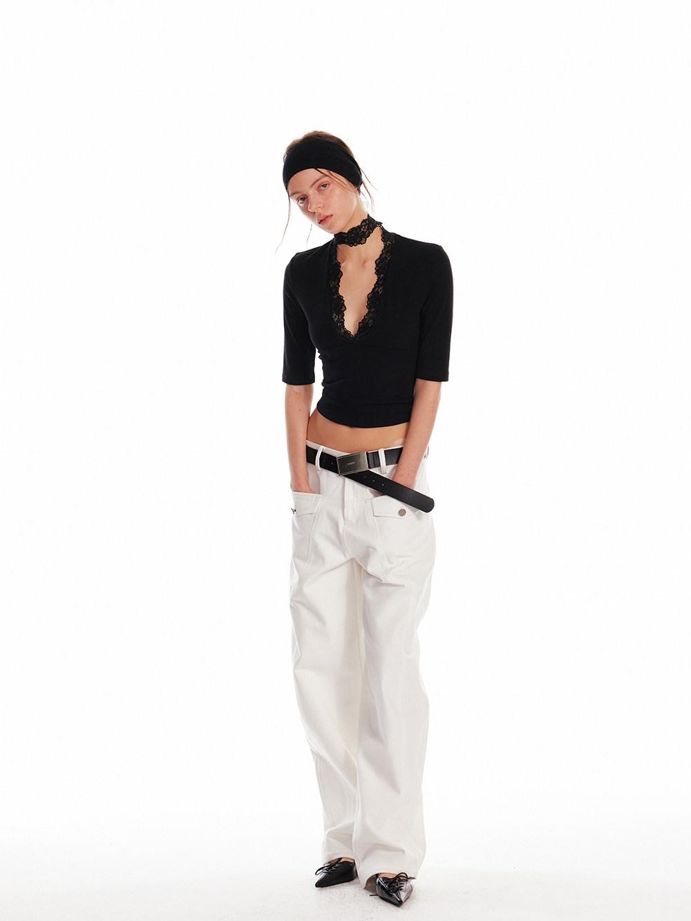 ALINNV Black Lace Splice Deep V Elbow Sleeve Women&