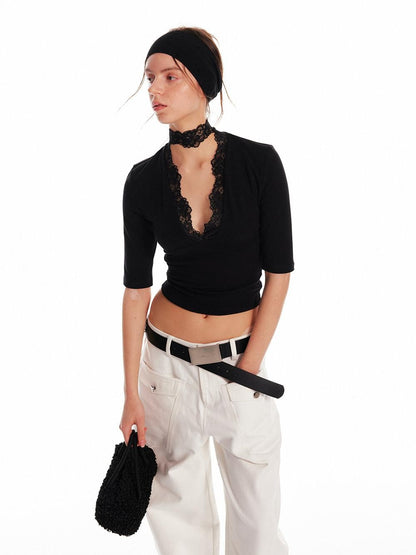 ALINNV Black Lace Splice Deep V Elbow Sleeve Women&