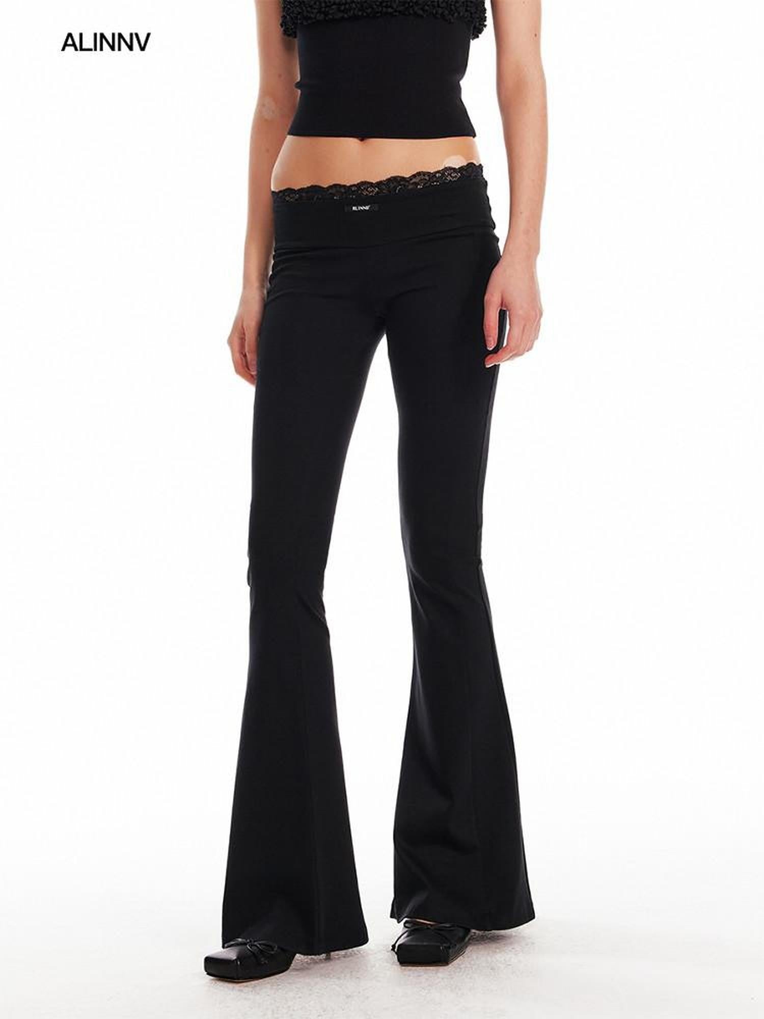ALINNV Black Lace Splice Low Waist Elastic Slim Women&